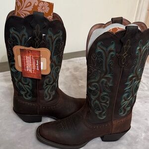 Embroidered Brown Cowboy Boots with Teal Accents